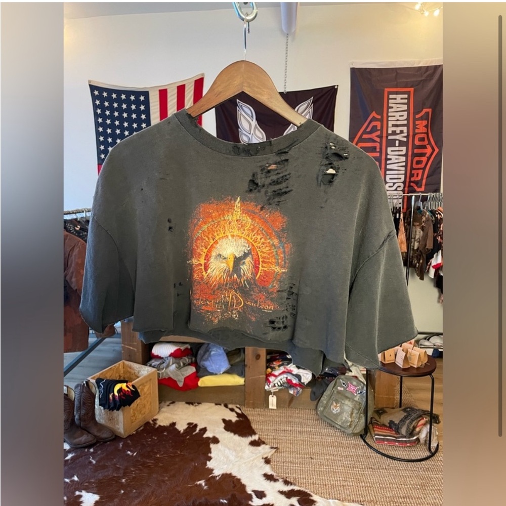 Distressed and cropped Harley Davidson tee